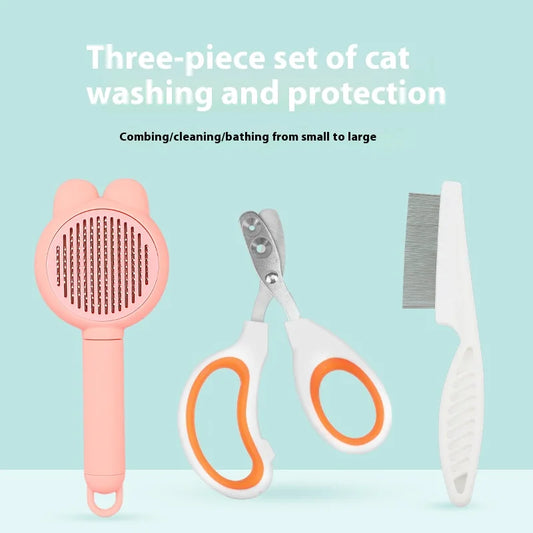 Cat Grooming Supplies 3 piece set include Round Hole Cat Nail Clippers Pet Comb Pet Grooming Brush Flea prevention tools