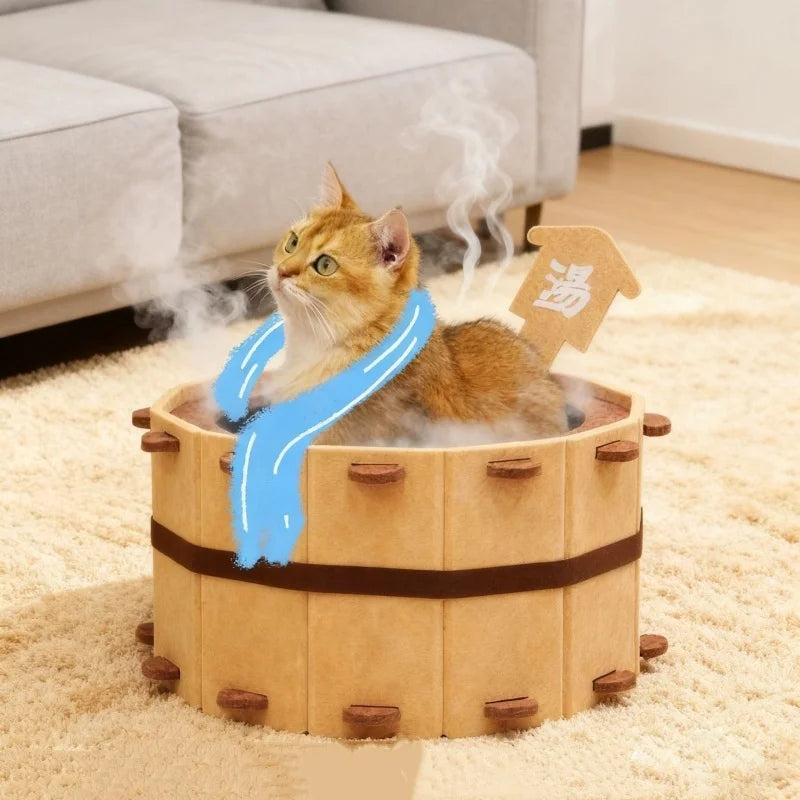 Bathtub Shape Semi-Enclosed Felt Cat Bed for Small Medium Cats Cozy 4 Seasons Universal Cat House with Claw Sharpening Feature