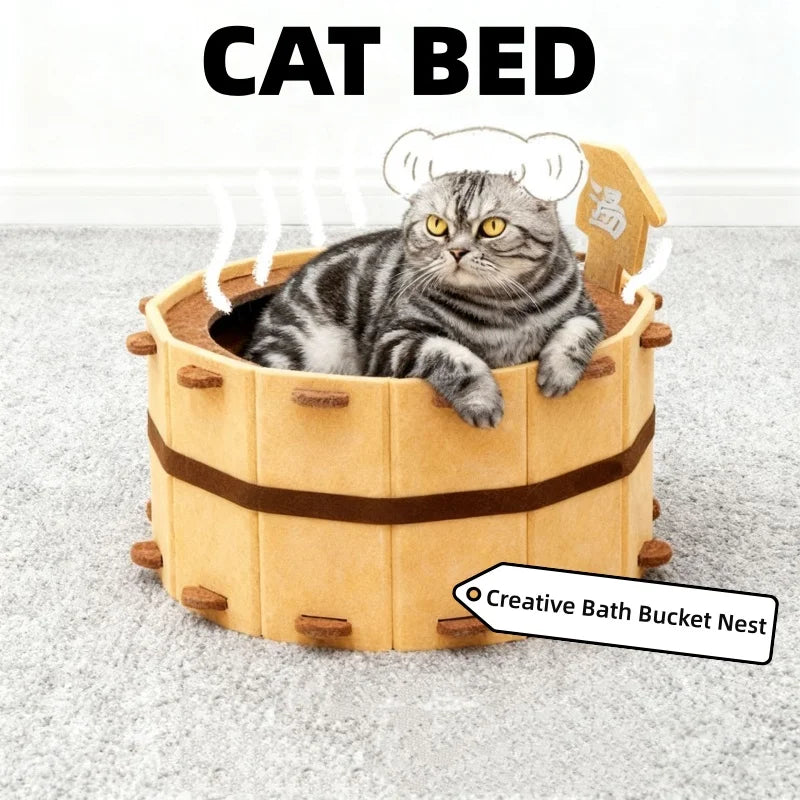 Bathtub Shape Semi-Enclosed Felt Cat Bed for Small Medium Cats Cozy 4 Seasons Universal Cat House with Claw Sharpening Feature